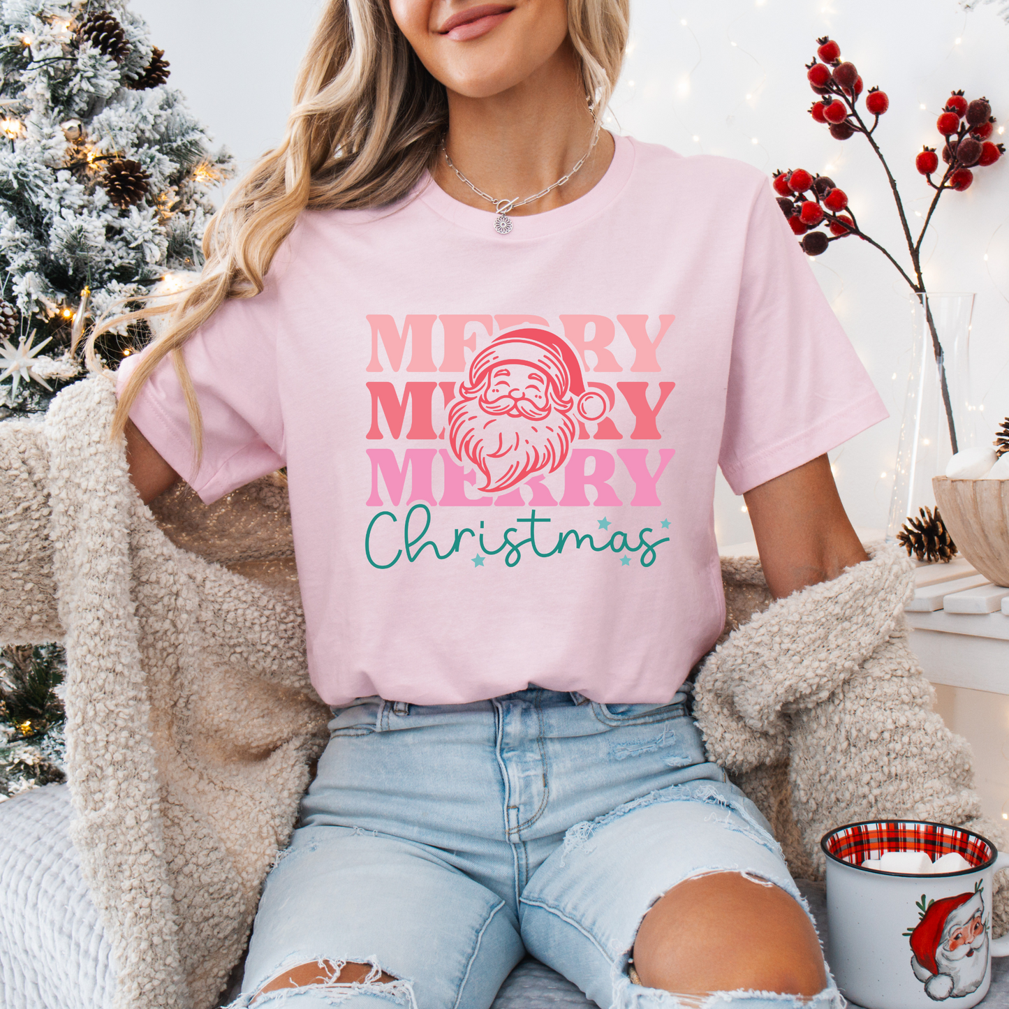 Pink Merry Merry Merry Christmas Tee